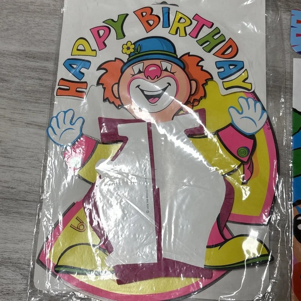 Vtg Birthday Party Supplies Clown Cake Toppers Game Cloth Honeycomb Centerpiece